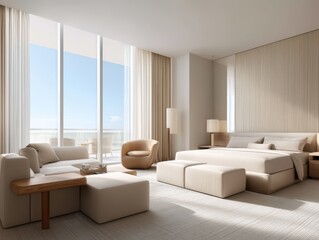 A spacious bedroom with floor-to-ceiling windows, a sophisticated seating area, and neutral palette creating a tranquil retreat - apartment neutral minimalist lines light