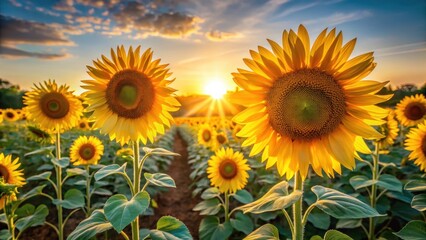 Obraz premium Bright sunlight filtering through petals of tall sunflowers in a garden at dawn