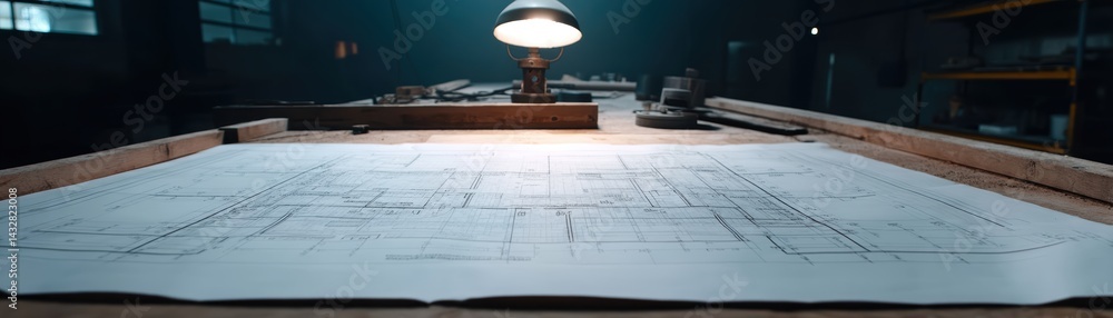 Poster architectural blueprints spread across a desk, illuminated by a mining lamp, construction site backd