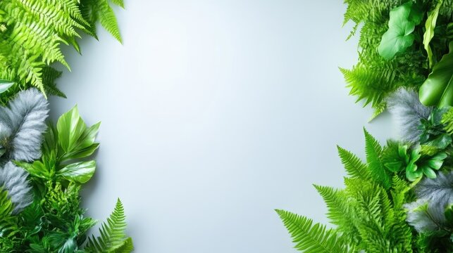 Fresh green fern and tropical leaves forming a decorative border frame on a clean white background with copy space.