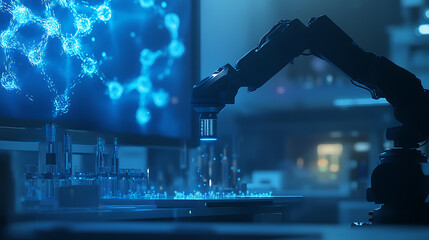 An AI powered robotic arm analyzing DNA strands in a futuristic biotech research lab, glowing molecular structures projected on screens, Biotech style