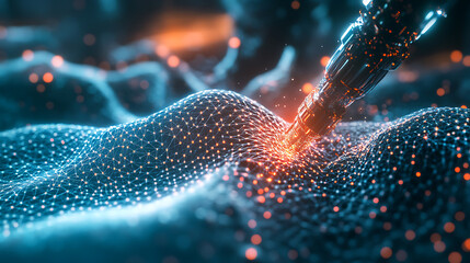 An AI powered robotic arm creating complex nanostructures in a futuristic nano engineering lab, atomic-level precision under an electron microscope, Scientific style
