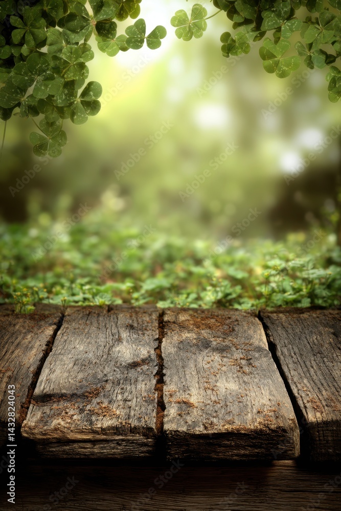 Poster Rustic Wooden Table with Clover Canopy in a Serene Forest Setting for Natural Product Display Backdrop, Capturing the Tranquil Scene with Soft Focus and Organic Style