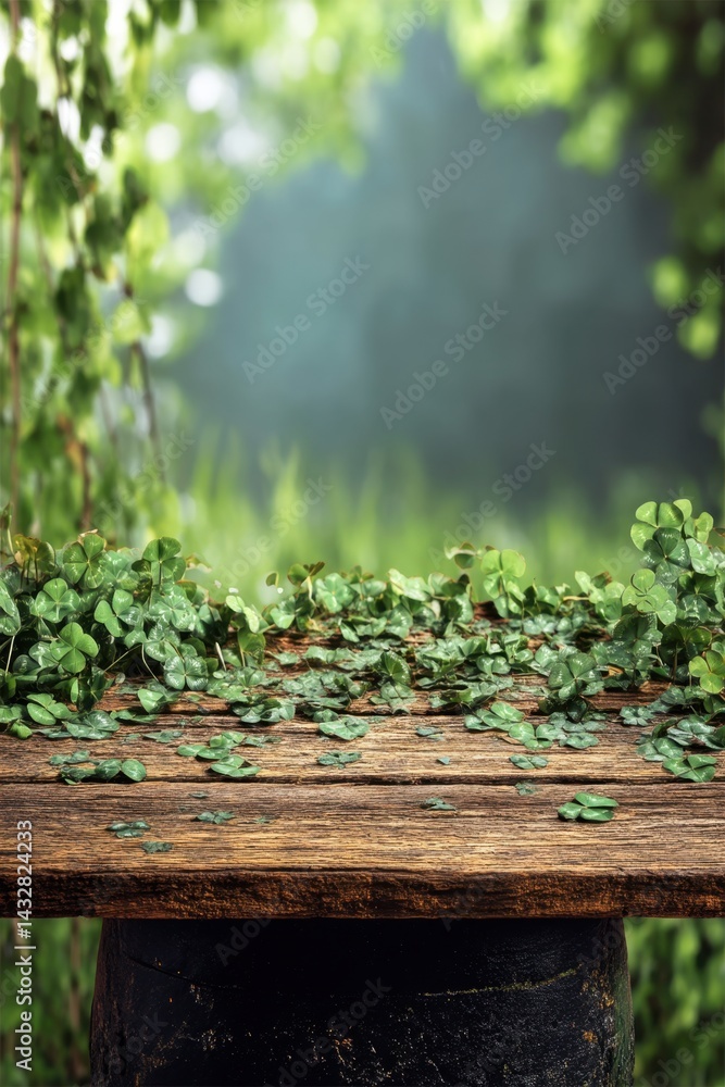 Poster enchanted st patricks day backdrop with wooden table and clover leaves in a mystical forest setting 