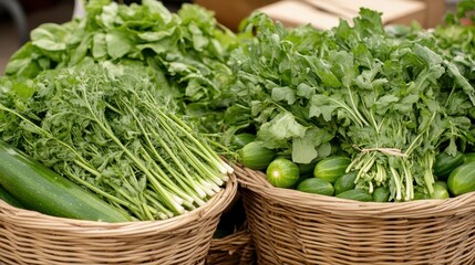 Naklejka premium Fresh organic green vegetables in wicker baskets including lettuce spinach parsley zucchini and cucumber for healthy cooking and nutritious meals