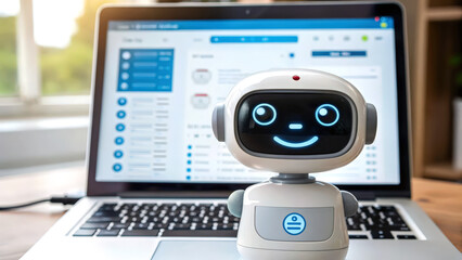 A cheerful robot sits in front of a laptop displaying data, illustrating the integration of technology and user-friendly interfaces.