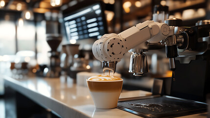 An AI powered robotic arm serving coffee in a futuristic café, a sleek robotic barista pouring a perfect latte with a digital menu in the background, Modern style