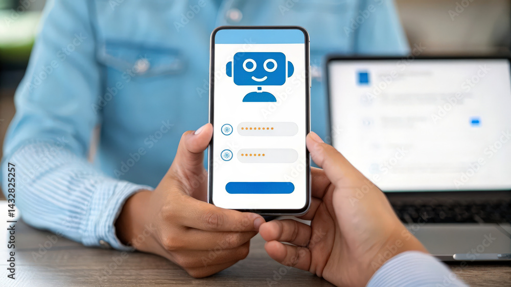 Poster a person holding a smartphone displays a chatbot interface, highlighting user interaction with techn
