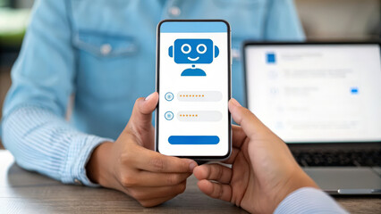 A person holding a smartphone displays a chatbot interface, highlighting user interaction with technology in a modern workspace.