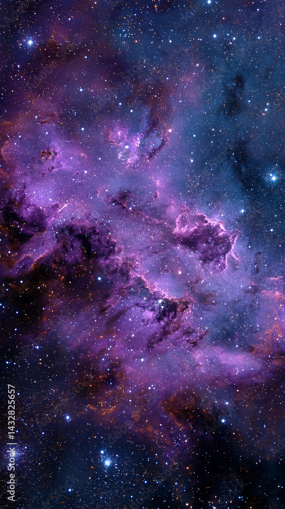 Poster purple and blue nebula, cosmic dust and stars, creating a vast and mysterious space scene, represent