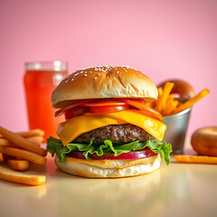 cheeseburger with fries and donuts. fast foods concept, social media food photography, natural lighting, minimalistic background