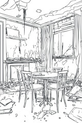 Abandoned and dilapidated room interior with broken furniture and damaged walls showing decay