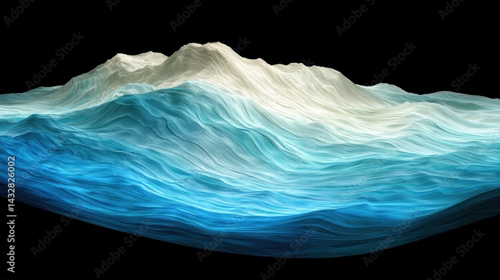 Poster a 3d rendering of a mountain range with blue and white waves.