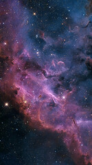 Purple and blue nebula cosmic cloudscape, sparkling stars background, showing interstellar gas and dust, representing the vastness and mystery of space