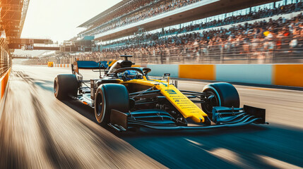 Formula 1 racing car crossing the finish line, black white checkered flag on the background. Orange racing car speeding on the F1 track and winning the Grand prix. F1 winner