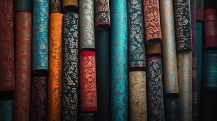ornate Chinese silk scrolls with vibrant patterns on wooden shelf.