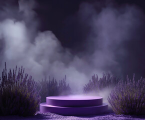 A purple podium surrounded by lavender plants, a misty atmosphere, and glowing light effects, creating an ethereal and dreamlike ambiance. 3D Style