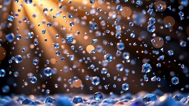 A mesmerizing animation features a cascade of sapphire micro fragments gently descending within beams of radiant light