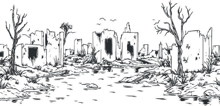 Black and white sketch of an abandoned desert ruins landscape with broken buildings and dry trees