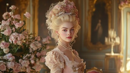 A medium shot of Marie Antoinette in a richly detailed 18th-century gown, AI Generative.