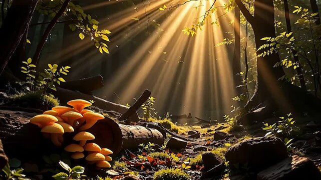 A powerful shaft of sunlight bursts through the thick foliage, bathing a section of enchanted woods in golden hues