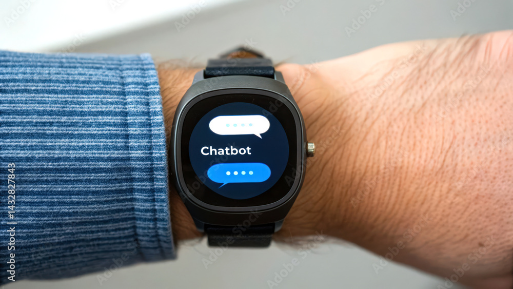 Poster a smartwatch displays a chatbot interface on the screen, showcasing modern technology and seamless c