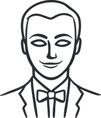 Line art illustration of a man wearing a bowtie and suit smiling in a simple black and white style