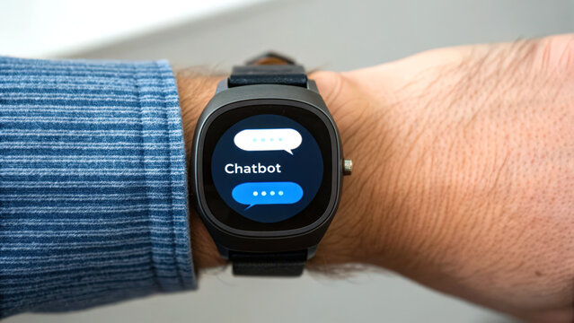 A smartwatch displays a chatbot interface on the screen, showcasing modern technology and seamless communication on a wrist. - Powered by Adobe