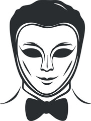 Black and white stylized illustration of a masked person wearing a bowtie for costume or formal event