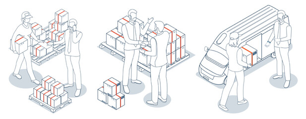 Set of Logistics and Delivery services scenes concept with People delivering a box to a customer. Smart Logistics Business, Export and Import.