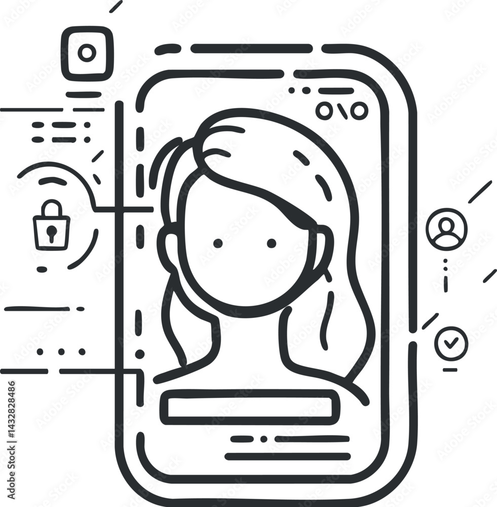Poster outline illustration of a female user profile with security and verification icons on a digital scre