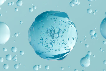 Blue transparent gel drop with air bubbles on aqua background. Abstract cosmetic texture, skincare...