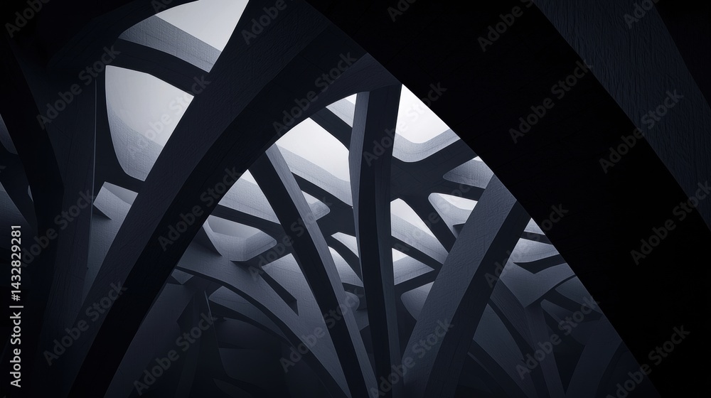 Poster dark and mysterious interior space with intricate geometric patterns and a sense of depth.
