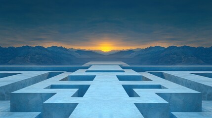 A surreal landscape at sunset, featuring a blue-hued sky, mountains, and a geometric blue structure.