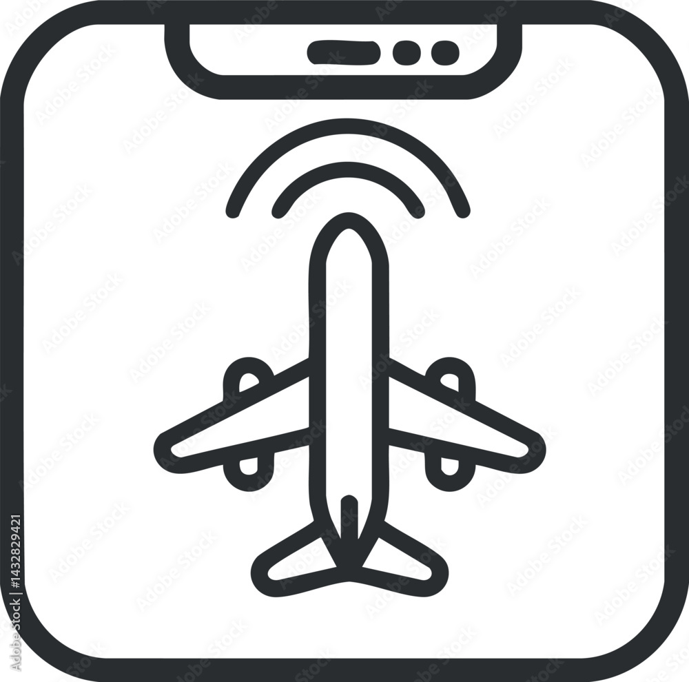 Aufkleber icon of airplane with signal waves on smartphone screen representing flight tracking app