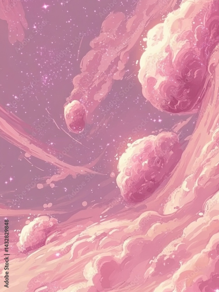 Poster dreamy pink cloudscape with stardust and soft light creating a serene and magical atmosphere celesti