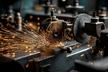 Fototapeta premium Close-up of metal grinding sparks, showcasing industrial process, representing energy, precision, and manufacturing, ideal for industry or technology concepts