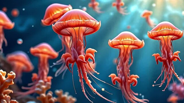 In a fantastical marine environment, a ballet of jellyfish unfolds. Each jellyfish is uniquely designed with intricate, flowing patterns and a palette of rich, saturated colors