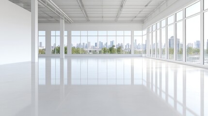 A spacious, bright, and modern interior with large windows overlooking a cityscape.