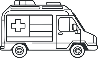 Black and white line art of an ambulance emergency medical vehicle with a medical cross symbol on the side.