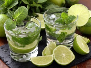 Fototapeta premium Refreshing mojito cocktails with fresh lime and mint leaves served on a dark slate board capturing a vibrant and invigorating summer mood