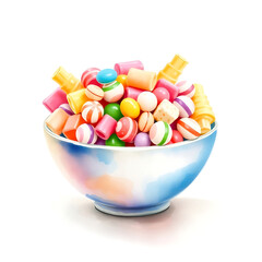 bowl of candy painted by watercolor style. isolated on white background
