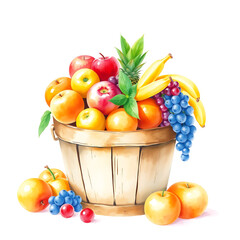 watercolor illustration of basket of colorful fruits grapes, oranges and apples on white background, front view
