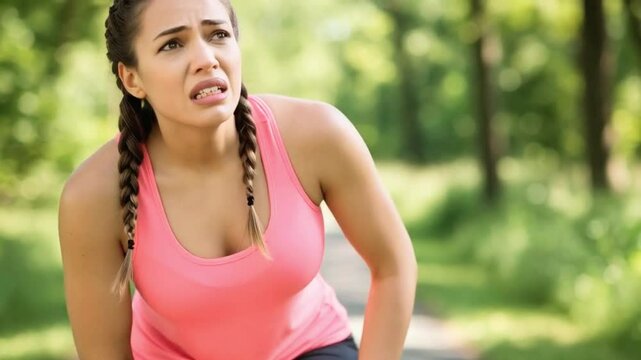 young woman experiencing leg pain while jogging could be due to various causes, including muscle strain, shin splints, or even a more serious injury like a stress fracture 4k video