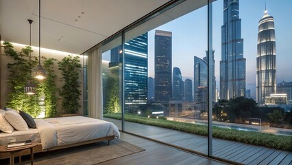 Modern architecture defines the glass exterior of a downtown office building with a skyscraper view, contrasting with the interior of a modern living room in an urban house