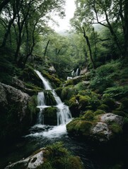 Serene Waterfall Cascading Through Lush Green Forest Mossy Rocks Tranquil Scene Natural Beauty Woodland Environment Dark Moody Atmospheric Scenic View
