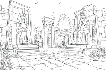 Black and white illustration of ancient Egyptian temple ruins with large seated statues and hieroglyphs