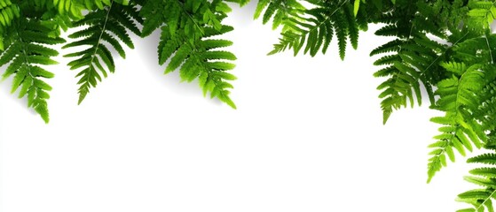 Lush green fern fronds cascading over a pristine white background creating a natural frame evoking freshness botanical beauty and a sense of tranquility and organic charm