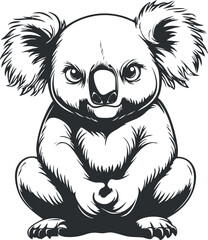 Black and white detailed illustration of a cute koala sitting with furry ears and intense eyes.