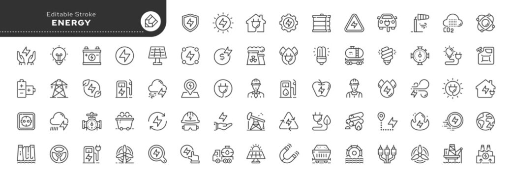 Energy line icon set. Power, energy resources, fuel; electricity; energy of the sun, water and wind. Outline vector icon in linear style. Series of pictograms.	
